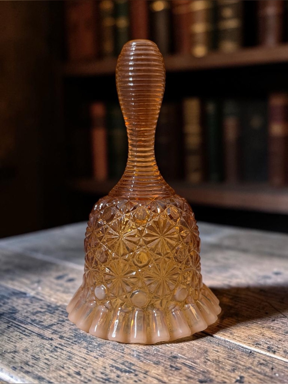 Vintage Fenton Daisy and Button Honey Amber Bell Opalescent Frosted Ruffled Base